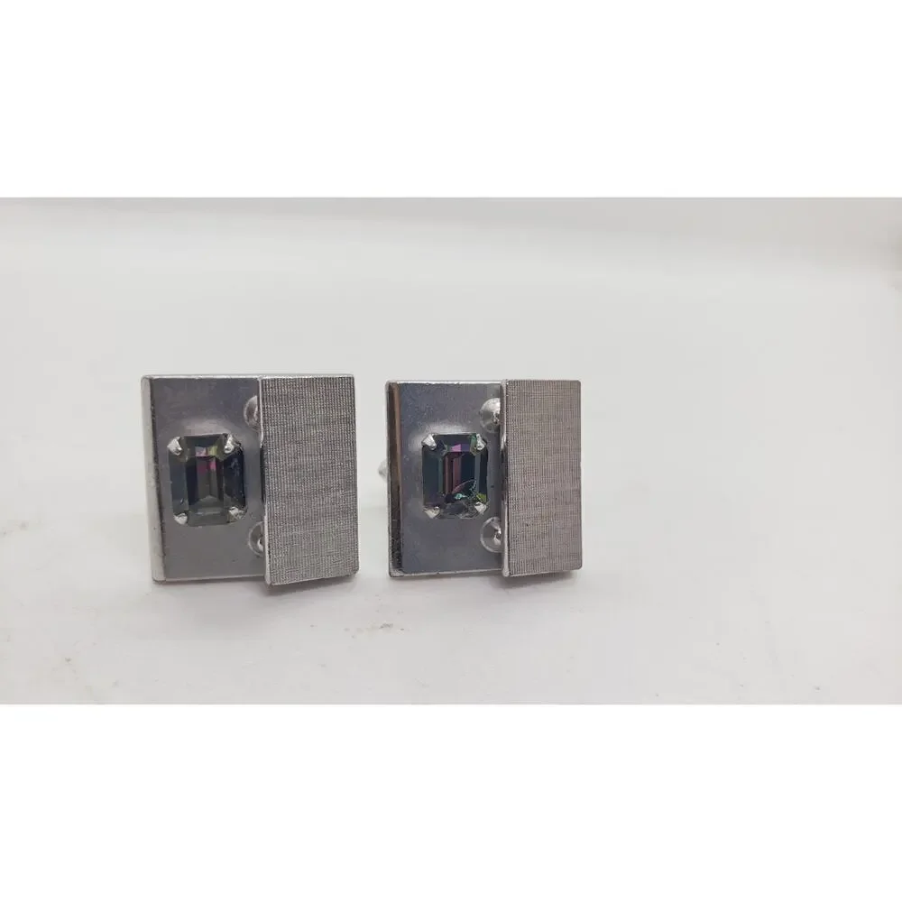 Vintage Cufflinks Swank Silver Rivoli Rainbow Rhinestone Cuff Links 1960s